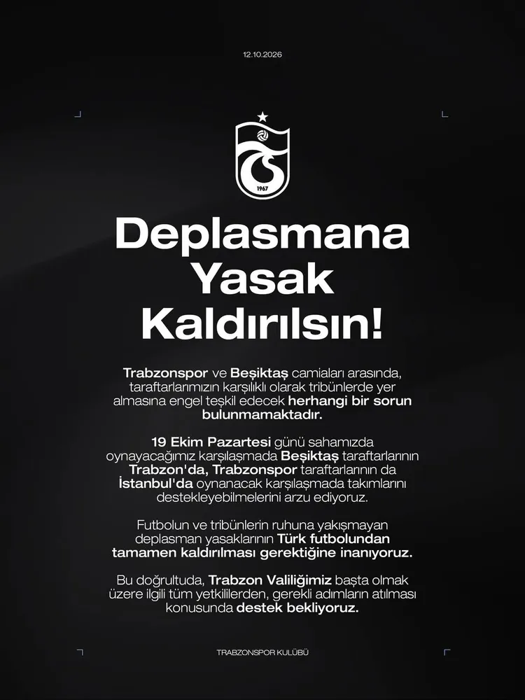 Trabzonspor ve Beşiktaş’tan Deplasman Yasakları İçin Ortak Çağrı