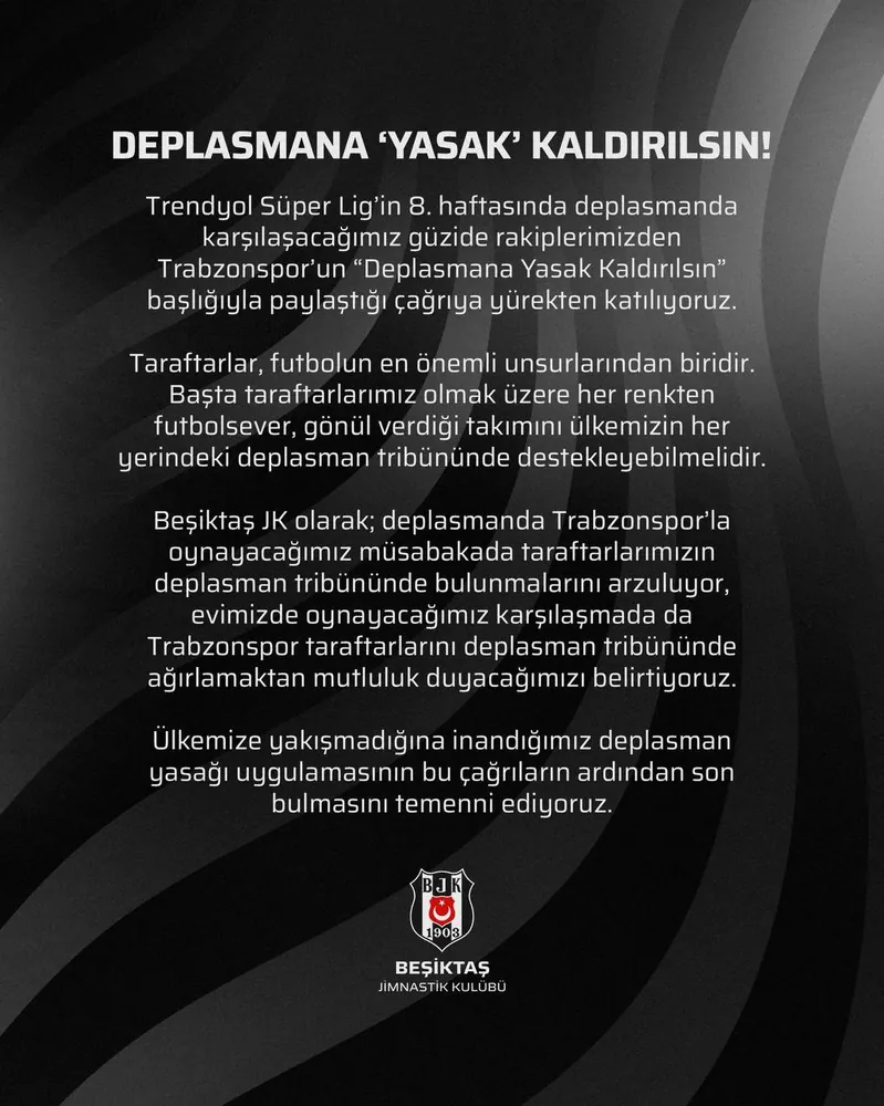 Beşiktaş, Trabzonspor’un Deplasman Yasakları Çağrısına Destek Verdi