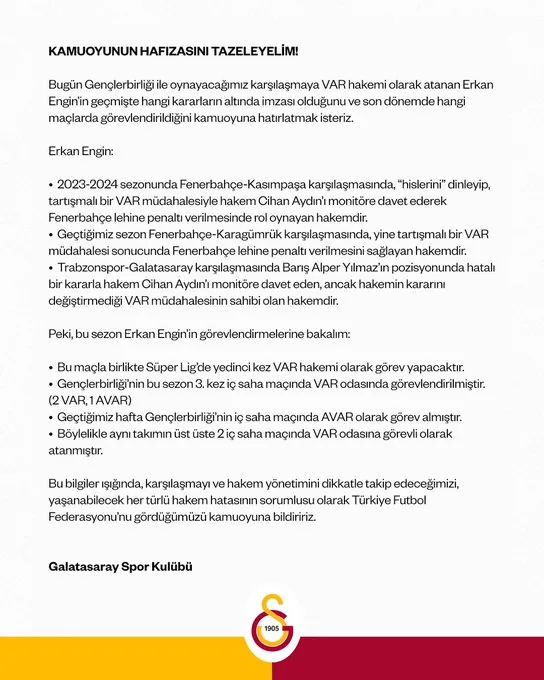 Galatasaray’dan VAR Hakimi Erkan Engin Atamasına İlişkin Açıklama